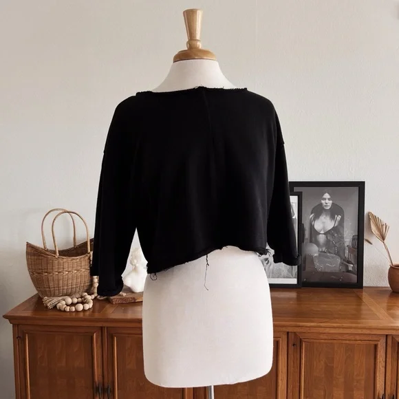 BLACK DISTRESSED CROPPED SWEATSHIRT TOP #0327 - Picture 2 of 8